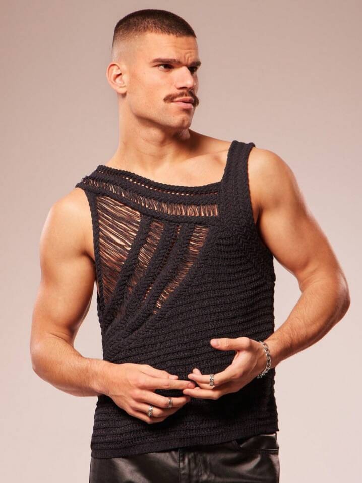 Men's Solid Color Asymmetric Neckline Sheer Sleeveless Vests